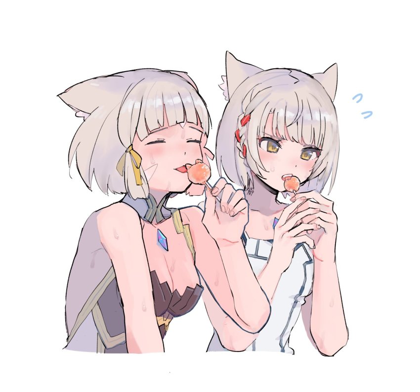2girls, animal_ears, blunt_bangs, breasts, camisole, cat_ears, facial_mark, highres, lobsterbaby99, mio_(xenoblade), multiple_girls, nia_(xenoblade), short_hair, simple_background, small_breasts, white_background, white_camisole, xenoblade_chronicles_(series), xenoblade_chronicles_2, xenoblade_chronicles_3, yellow_eyes