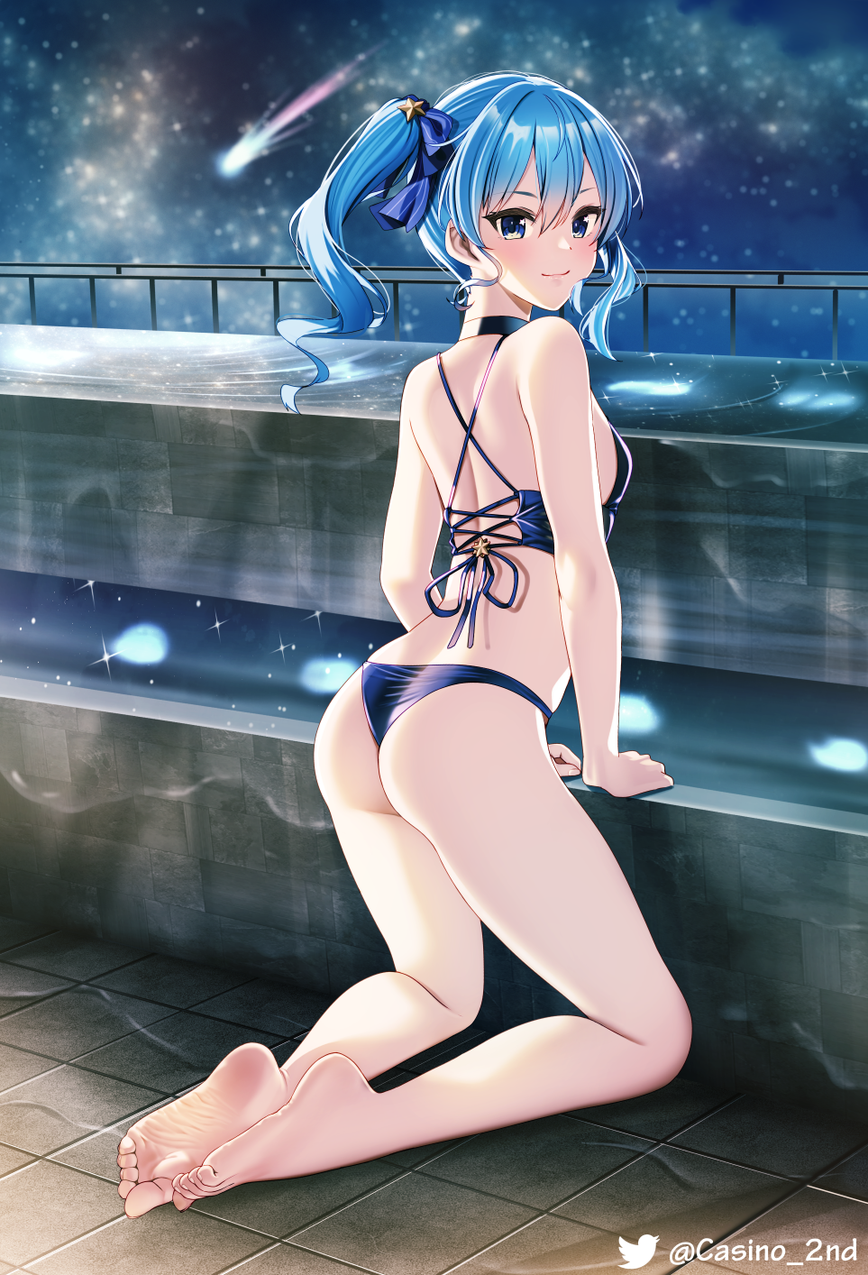 1girl, ass, back, bare_legs, barefoot, bikini, blue_bikini, blue_eyes, blue_hair, blue_ribbon, breasts, casino_(casinoep), closed_mouth, comet, feet, from_behind, full_body, hair_between_eyes, hair_ribbon, highres, hololive, hoshimachi_suisei, kneeling, long_hair, looking_at_viewer, night, outdoors, ribbon, side_ponytail, sky, small_breasts, smile, soles, solo, star_(sky), star_(symbol), star_in_eye, starry_sky, swimsuit, symbol_in_eye, thighs, toes, twitter_username, virtual_youtuber