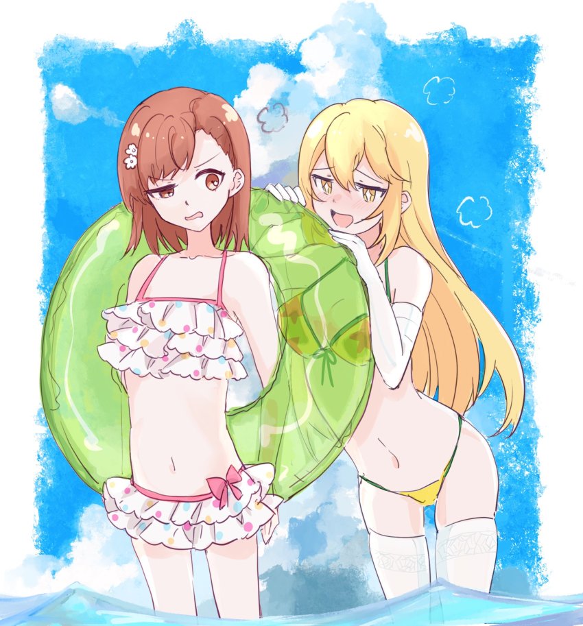 +_+, 2girls, bikini, blonde_hair, blue_sky, brown_eyes, brown_hair, cloud, cowboy_shot, elbow_gloves, female_focus, frilled_bikini, frills, front-tie_top, gloves, highres, innertube, long_hair, misaka_mikoto, multiple_girls, ruffle_bikini, shokuhou_misaki, short_hair, sky, soaking_feet, standing, swim_ring, swimsuit, thighhighs, toaru_kagaku_no_railgun, toaru_kagaku_no_railgun_t, toaru_majutsu_no_index, uneven_eyes, wading, water, weyiyuntfn, white_bikini, white_gloves, white_legwear, yellow_bikini