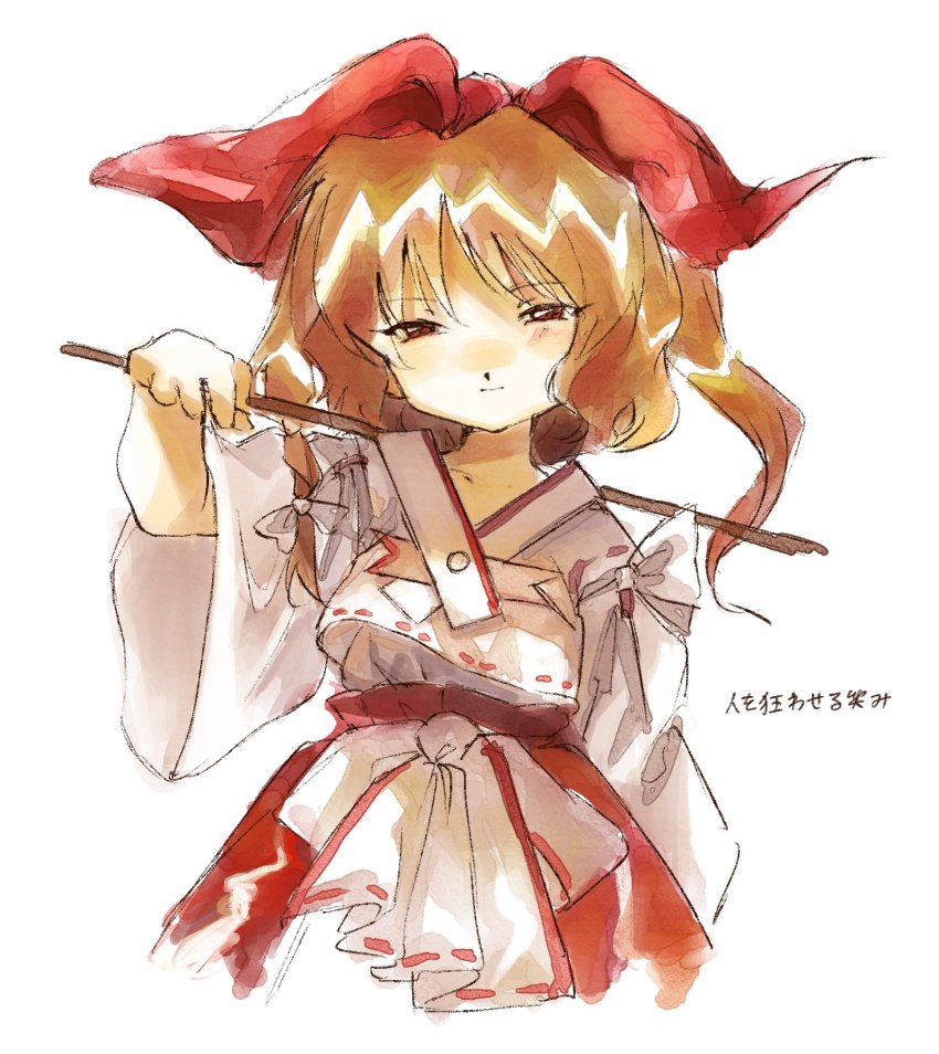 1girl, blonde_hair, blonde_shrine_maiden_from_a_future_era_(touhou), bow, brown_eyes, closed_mouth, facing_viewer, gohei, hair_bow, half-closed_eyes, highres, japanese_clothes, kozumi_(tokuni_naitteba), miko, squinting, touhou