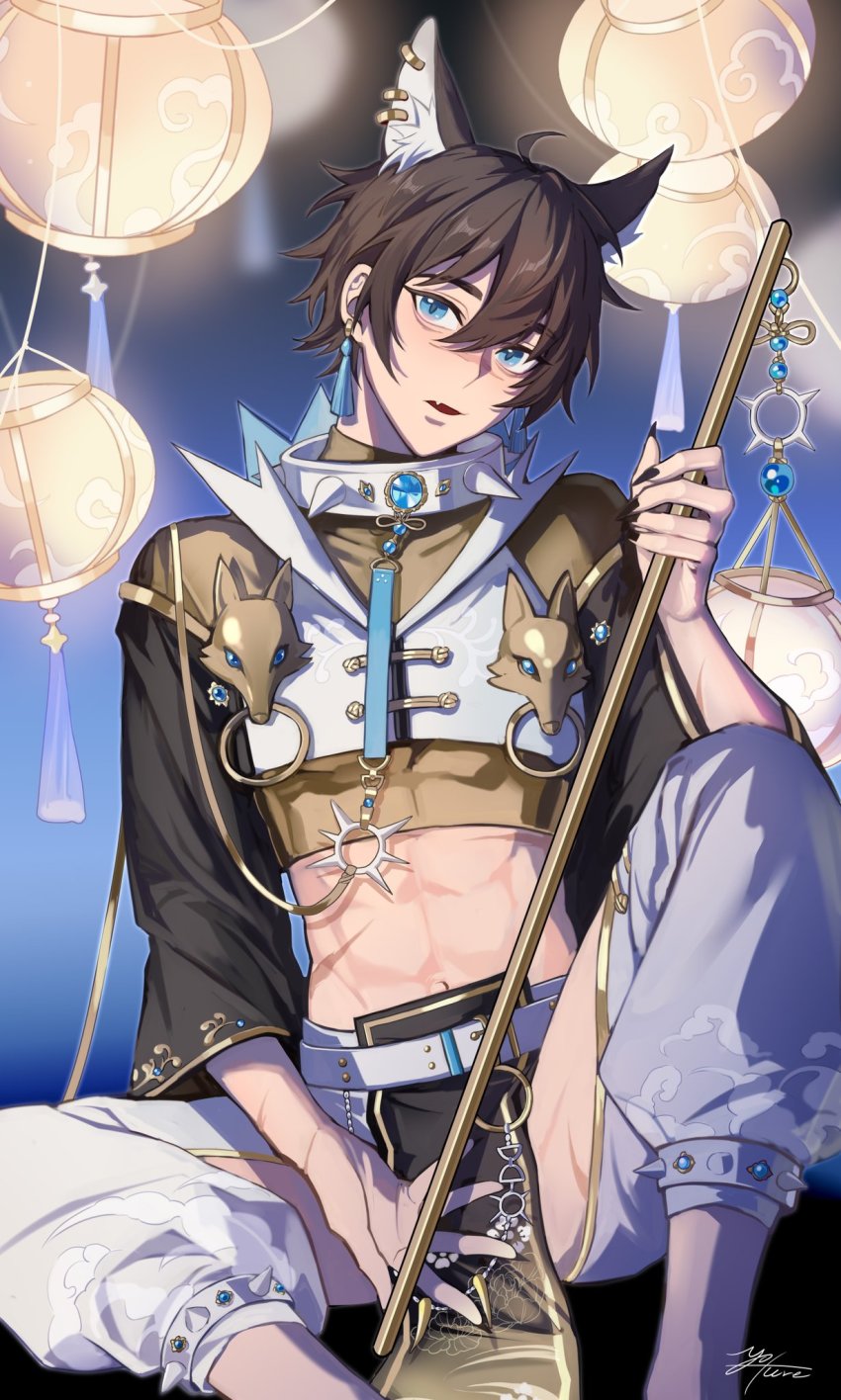 1boy, abs, animal_ears, blue_eyes, brown_hair, ear_piercing, earrings, fang, garu_(endless_banquet)_(nu_carnival), garu_(nu_carnival), gem, highres, jewelry, lantern, long_sleeves, looking_at_viewer, male_focus, navel, nu_carnival, pants, paper_lantern, piercing, scar, scar_on_arm, scar_on_face, scar_on_nose, scar_on_stomach, short_hair, sitting, skin_fang, slit_pupils, tassel, tassel_earrings, white_pants, wolf_boy, wolf_ears, yoture23