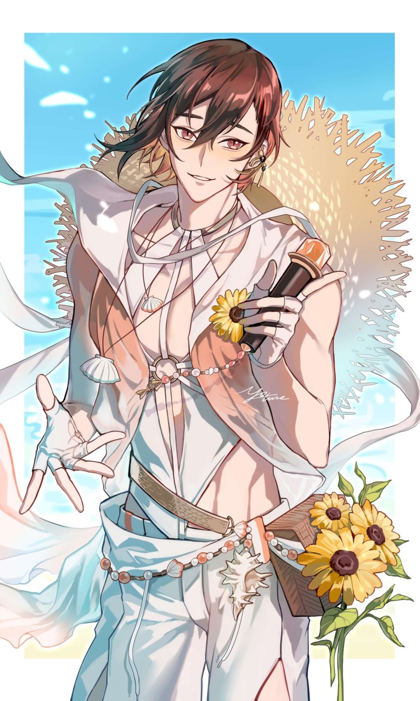 1boy, blush, brown_hair, colored_inner_hair, earrings, fingerless_gloves, flower, gloves