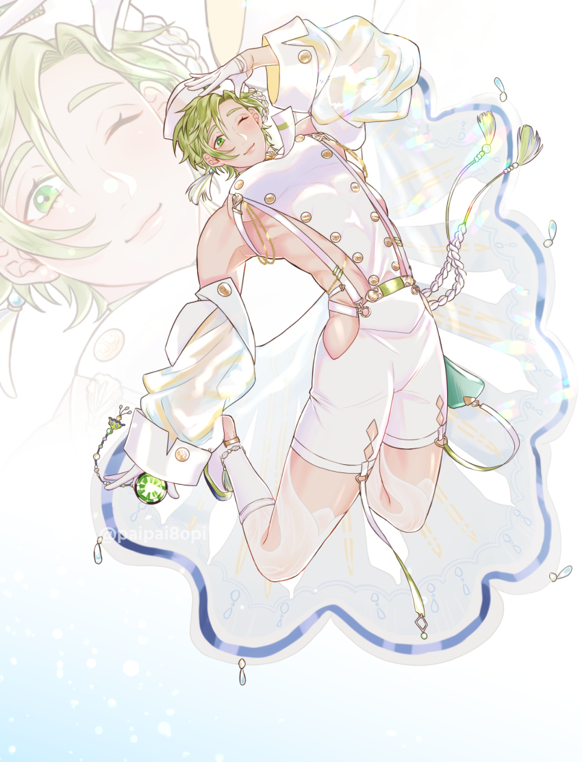 1boy, detached_sleeves, full_body, gem, gloves, green_eyes, green_hair, highres