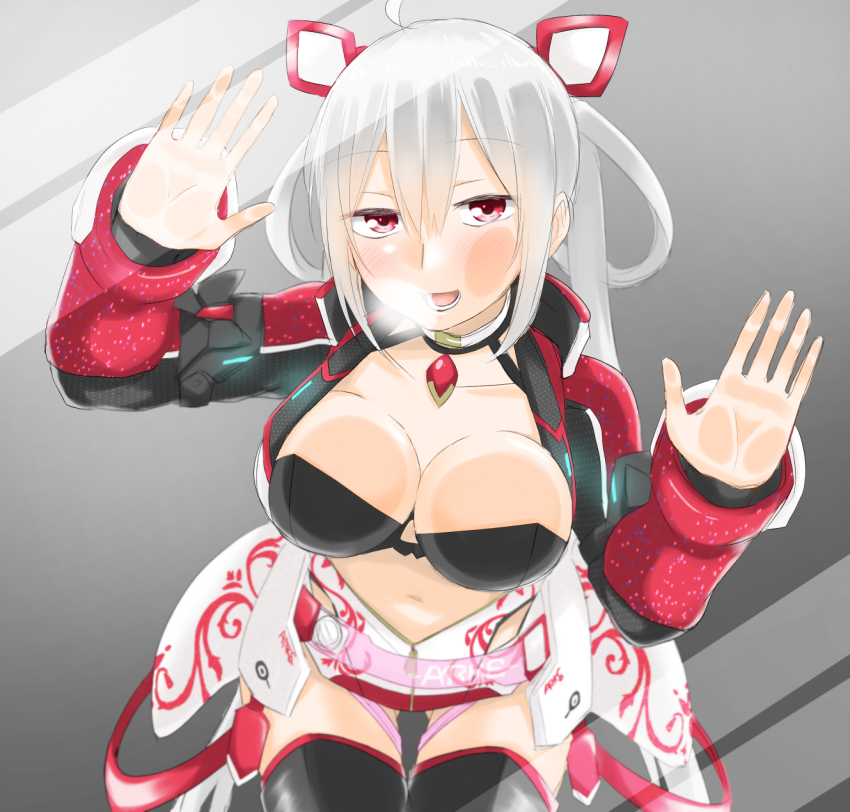 1girl, against_fourth_wall, against_glass, ahoge, blush, breasts, cheek_squash, choker, collarbone, heavy_breathing, highres, long_hair, looking_at_viewer, matoi_(pso2), medium_breasts, navel, nemuri_oto_yume, phantasy_star, phantasy_star_online_2, red_eyes, smile, solo, thighhighs, very_long_hair, white_hair