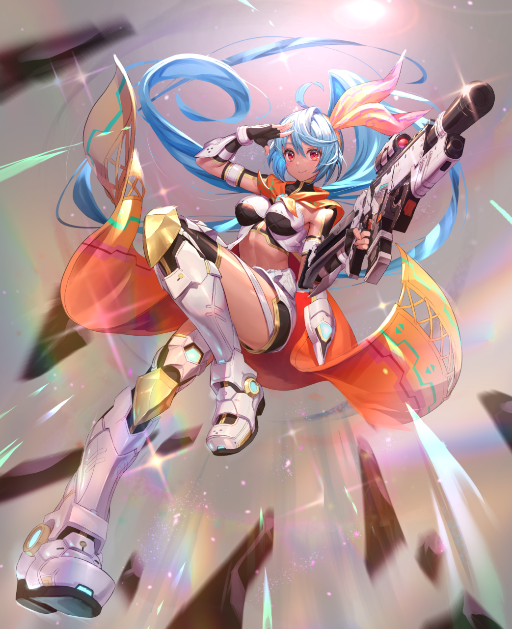 1girl, aina_(pso2ngs), assault_rifle, blue_hair, breasts, dark-skinned_female, dark_skin, full_body, gun, highres, inari_kei, lens_flare, long_hair, medium_breasts, phantasy_star, phantasy_star_online_2, phantasy_star_online_2_new_genesis, red_eyes, rifle, side_ponytail, solo, very_long_hair, weapon