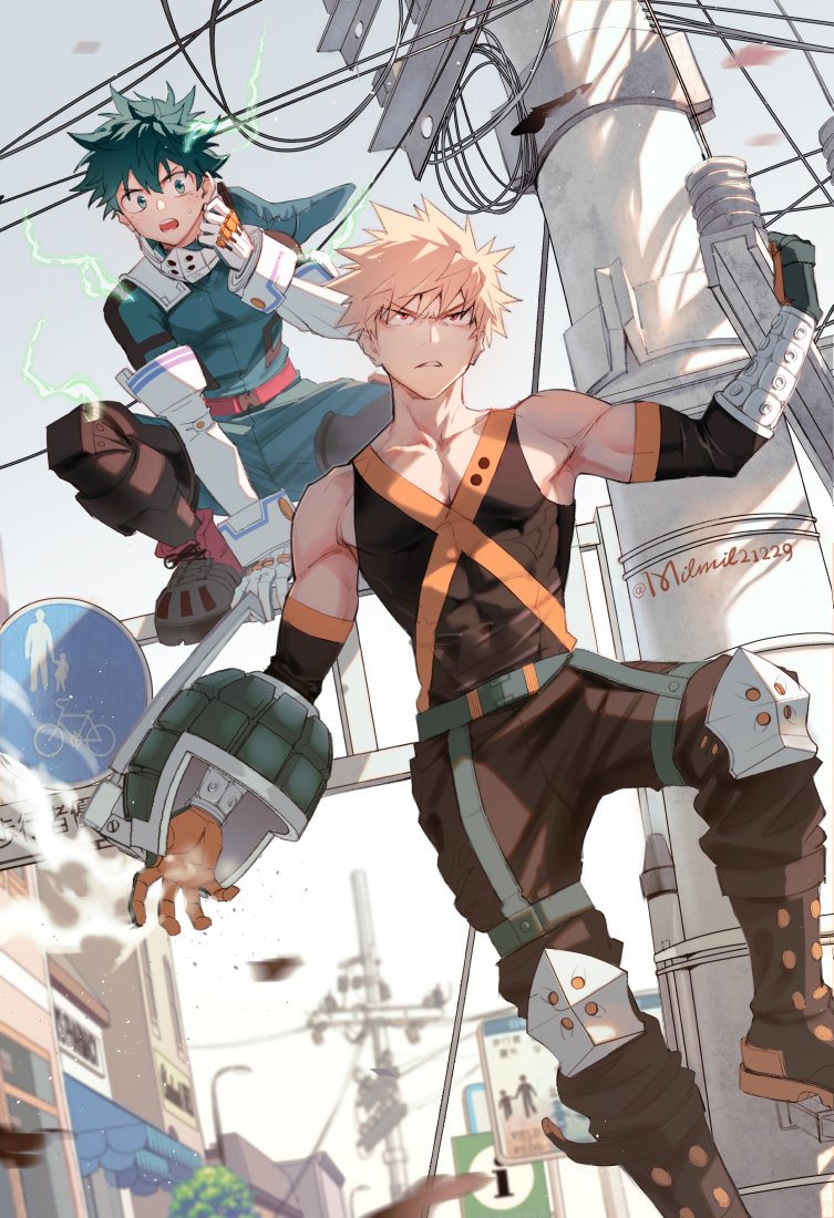 2boys, bakugou_katsuki, bare_shoulders, belt, black_bodysuit, black_footwear, blonde_hair, bodysuit