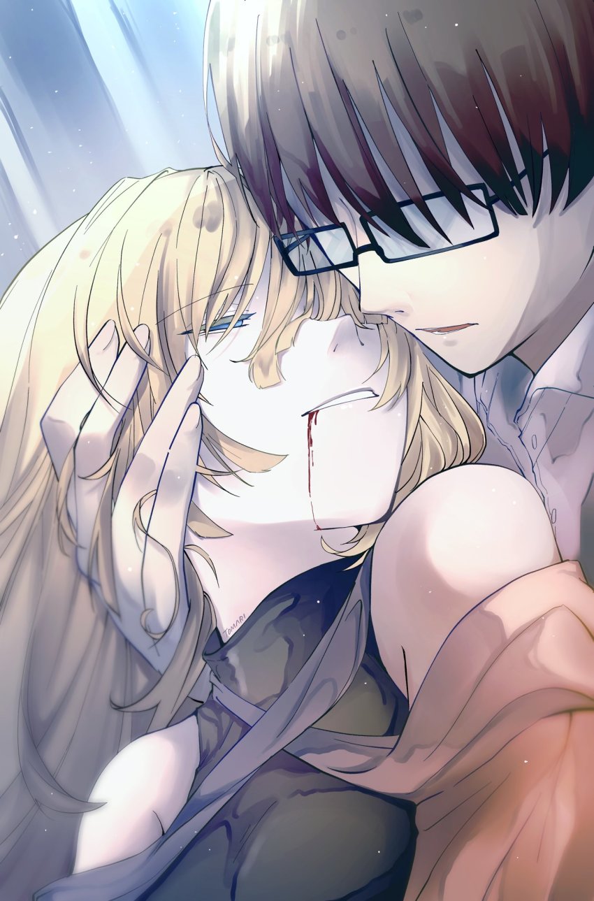 1boy, 1girl, alternate_hair_color, bare_shoulders, black_dress, blonde_hair, blood, blood_from_mouth, brown_hair, clothing_cutout, corpse, dress, elluka_chirclatia, empty_eyes, evillious_nendaiki, half-closed_eyes, hand_on_another's_head, head_hold, highres, hiyama_kiyoteru, kiril_clockworker, light_particles, ma_survival_(vocaloid), megurine_luka, open_collar, pale_skin, parted_lips, shirt, shoulder_cutout, smile, tomari_drew, tsuisou_no_orugooru_(vocaloid), unbuttoned, unbuttoned_shirt, vocaloid