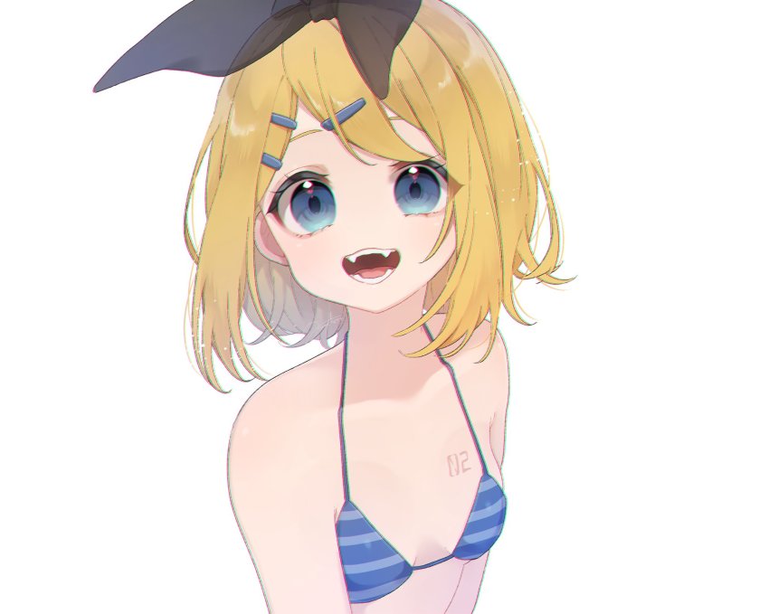 1girl, :d, aomidori_(em_em37), backlighting, bare_arms, bare_shoulders, bikini, black_bow, blonde_hair, blue_bikini, blue_eyes, bow, breast_tattoo, breasts, collarbone, eyes_visible_through_hair, fangs, hair_between_eyes, hair_ornament, hairclip, highres, kagamine_rin, looking_at_viewer, midriff, number_tattoo, open_mouth, see-through_clothes, short_hair, signature, simple_background, small_breasts, smile, solo, string_bikini, striped_bikini, striped_clothes, swimsuit, tattoo, vocaloid, white_background