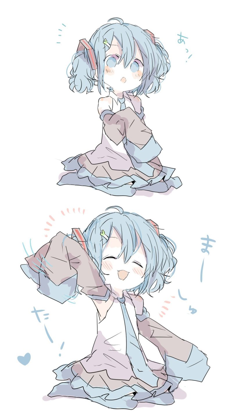 :3, aged_down, aqua_eyes, aqua_hair, aqua_necktie, aqua_thighhighs, black_skirt, closed_eyes, collared_shirt, commentary_request, detached_sleeves, food-themed_hair_ornament, full_body, hair_between_eyes, hair_ornament, hairclip, hatsune_miku, head_tilt, highres, necktie, no_shoes, open_mouth, oversized_clothes, pleated_skirt, shirt, short_hair, sitting, sketch, skirt, sleeveless, sleeveless_shirt, sleeves_past_fingers, sleeves_past_wrists, smile, solid_circle_eyes, spring_onion_hair_ornament, thighhighs, twintails, vocaloid, wariza, waving, white_shirt, xxxx_saki