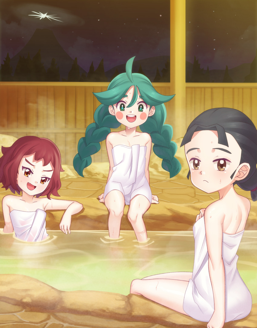 3girls, :d, ahoge, black_hair, blush_stickers, braid, calens_(pokemon), collarbone, commentary_request, gazing_eye, green_eyes, green_hair, hair_between_eyes, highres, knees, long_hair, looking_at_viewer, mountain, multiple_girls, night, nintendo, onsen, open_mouth, outdoors, pokemon, pokemon_legends:_arceus, red_hair, ripples, sabi_(pokemon), sky, smile, soaking_feet, teeth, tongue, towel, twin_braids, twintails, upper_teeth_only, vessa_(pokemon), water