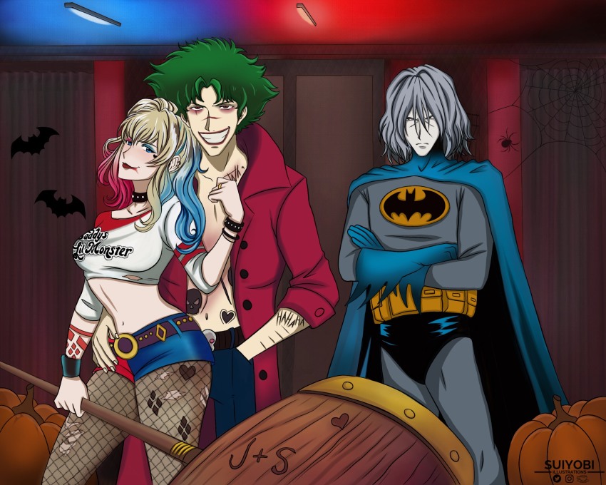 blonde_hair, blue_eyes, brown_eyes, cowboy_bebop, fishnets, green_hair, grey_eyes, grey_hair, halloween, halloween_costume, highres, julia_(cowboy_bebop), spike_spiegel, suiyobi, torn_clothes, torn_legwear, vicious_(cowboy_bebop)