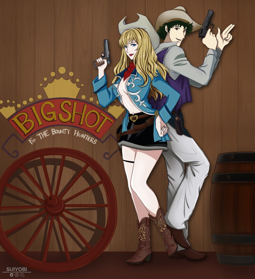 absurdres, blonde_hair, blue_eyes, boots, brown_eyes, costume, couple, cowboy_bebop