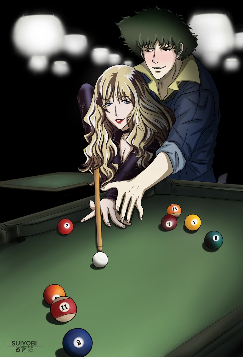 absurdres, blonde_hair, blue_eyes, brown_eyes, couple, cowboy_bebop, curls, green_hair
