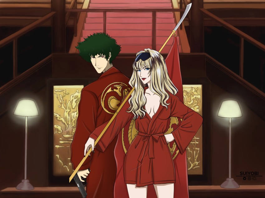 blade, blonde_hair, blue_eyes, breasts, brown_eyes, cleavage, couple, cowboy_bebop