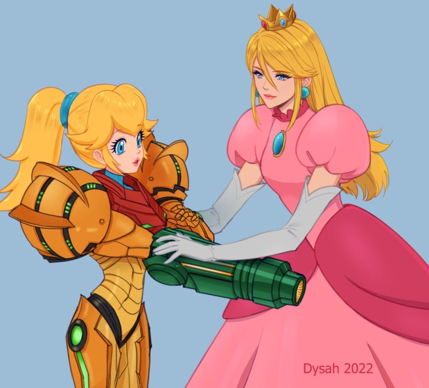 2girls, armor, blonde_hair, blue_eyes, blue_gem, cosplay, costume_switch, crossover, crown, dress, dysah, elbow_gloves, gem, gloves, height_difference, long_hair, mario_(series), metroid, multiple_girls, nintendo, pink_dress, ponytail, power_suit_(metroid), princess, princess_peach, princess_peach_(cosplay), puffy_short_sleeves, puffy_sleeves, role_reversal, samus_aran, samus_aran_(cosplay), short_sleeves, smile, super_mario_bros._1, varia_suit, white_gloves