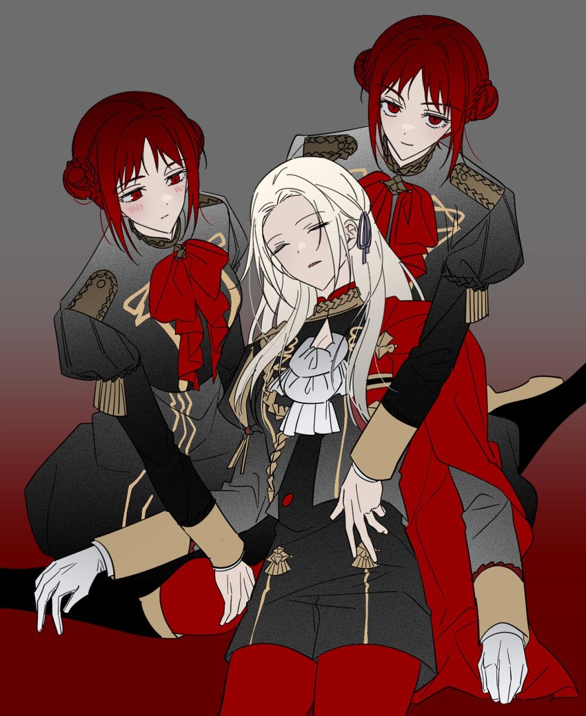 3girls, bad_id, bad_twitter_id, closed_mouth, double_bun, dress, edelgard_von_hresvelg, fire_emblem