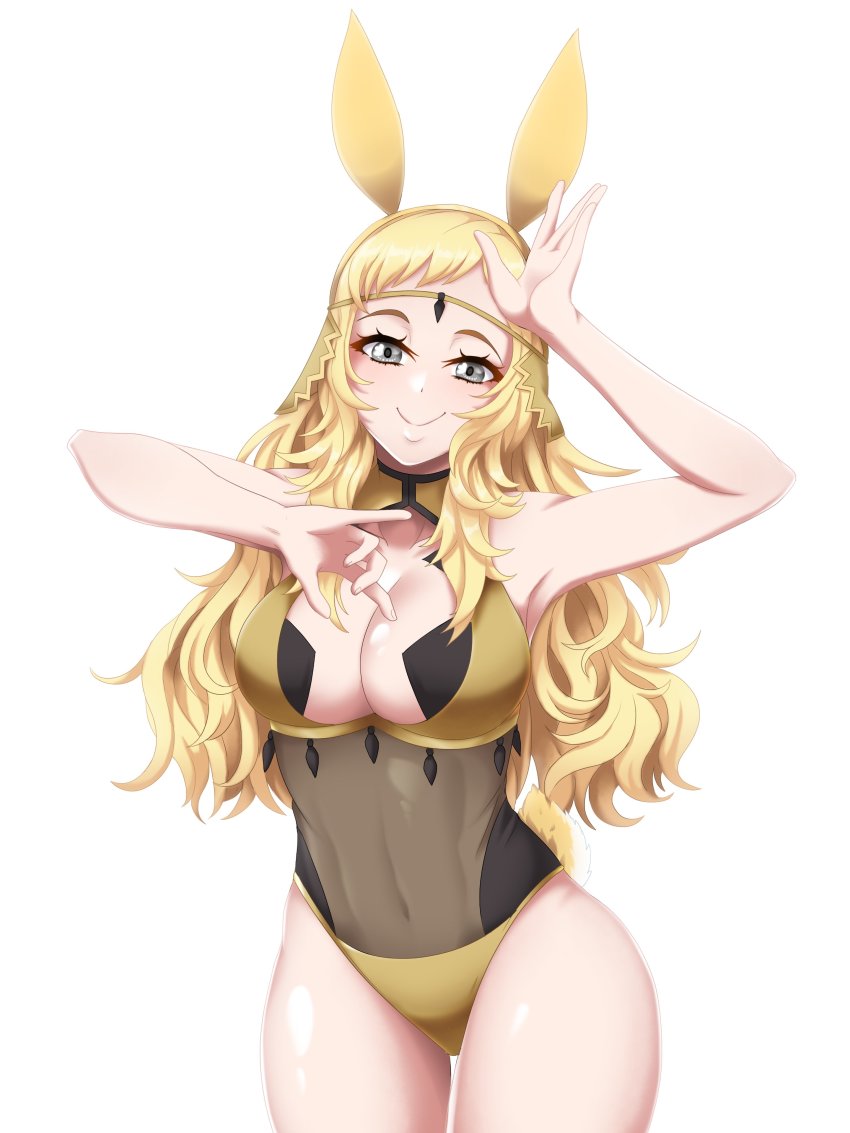 1girl, absurdres, adapted_costume, animal_ears, armpits, arms_up, bare_legs, blonde_hair
