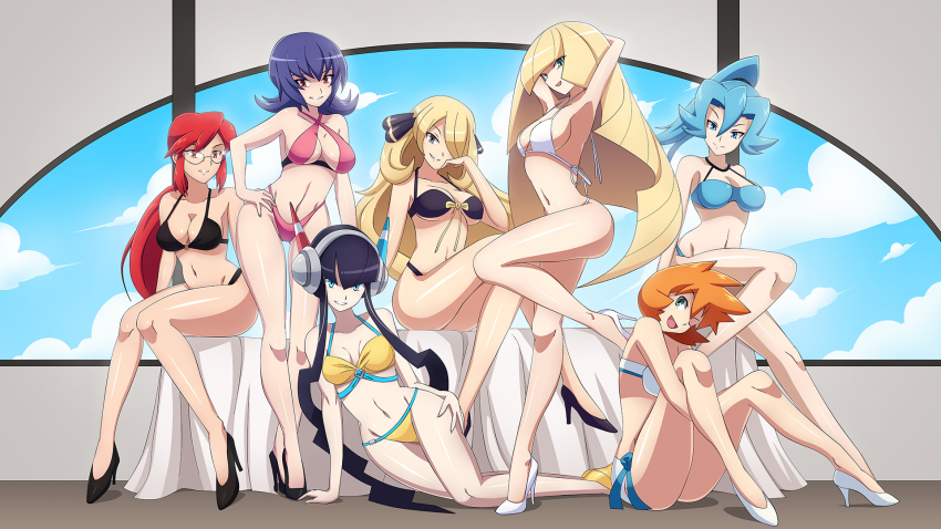 6+girls, arm_support, arms_up, bikini, black_hair, blonde_hair, blue_eyes, blue_hair