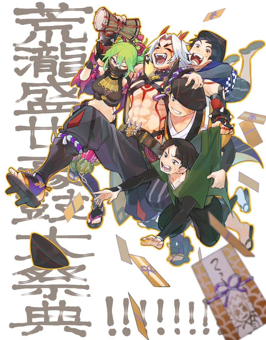 1girl, 4boys, abs, arataki_itto, belt, bodypaint, breasts, commentary_request, closed_eyes, facepaint, fangs, genshin_impact, green_hair, hat, highres, holding, horns, instrument, japanese_clothes, kuki_shinobu, kz2tatata, long_hair, mask, medium_breasts, mouth_mask, multiple_boys, ninja_mask, one_eye_closed, open_mouth, simple_background, spikes, sweat, thick_eyebrows, toeless_footwear, toned, toned_male, translation_request, white_background, white_hair