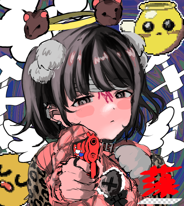 1girl, aiming, aiming_at_viewer, angel_wings, bandages, black_hair, ear_piercing, fake_wings