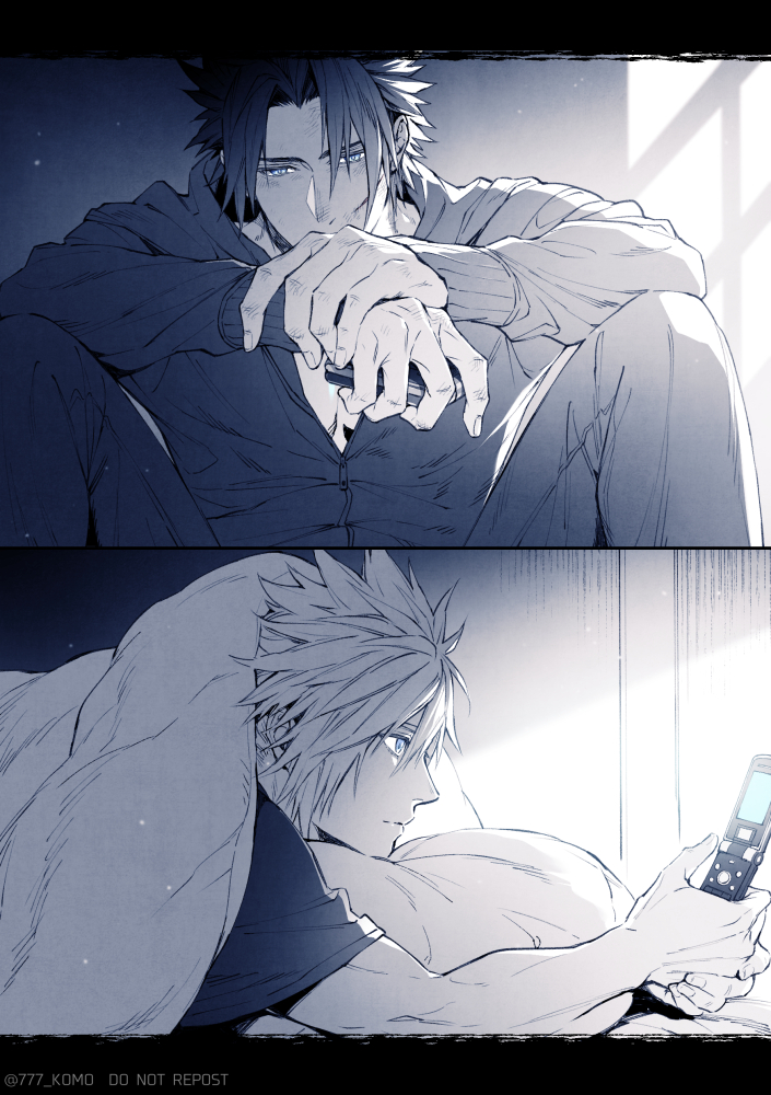 2boys, 777_komo, blue_eyes, cellphone, cloud_strife, final_fantasy, final_fantasy_vii, flip_phone