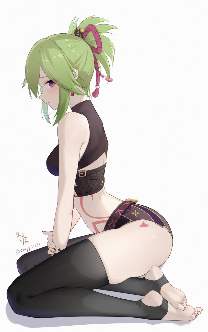 1girl, absurdres, barefoot, black_nails, black_thighhighs, blush, body_markings, breasts, closed_mouth, crop_top, dongye1551, feet, fishnet_top, fishnets, from_side, full_body, genshin_impact, green_hair, hair_ornament, highres, kneeling, kuki_shinobu, looking_at_another, looking_at_viewer, medium_breasts, midriff, nail_polish, no_mask, no_shoes, ponytail, purple_eyes, rope, shimenawa, short_ponytail, short_shorts, shorts, sidelocks, simple_background, sitting, skindentation, soles, stirrup_legwear, thighhighs, thighs, toeless_legwear, toes, twitter_username, white_background