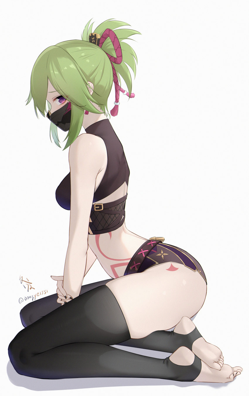 1girl, absurdres, barefoot, black_nails, black_thighhighs, body_markings, breasts, crop_top, dongye1551, feet, fishnet_top, fishnets, from_side, full_body, genshin_impact, green_hair, hair_ornament, highres, kneeling, kuki_shinobu, looking_at_another, looking_at_viewer, mask, medium_breasts, midriff, mouth_mask, nail_polish, ninja_mask, no_shoes, ponytail, purple_eyes, rope, shimenawa, short_ponytail, short_shorts, shorts, sidelocks, simple_background, sitting, skindentation, soles, stirrup_legwear, thighhighs, thighs, toeless_legwear, toes, twitter_username, white_background