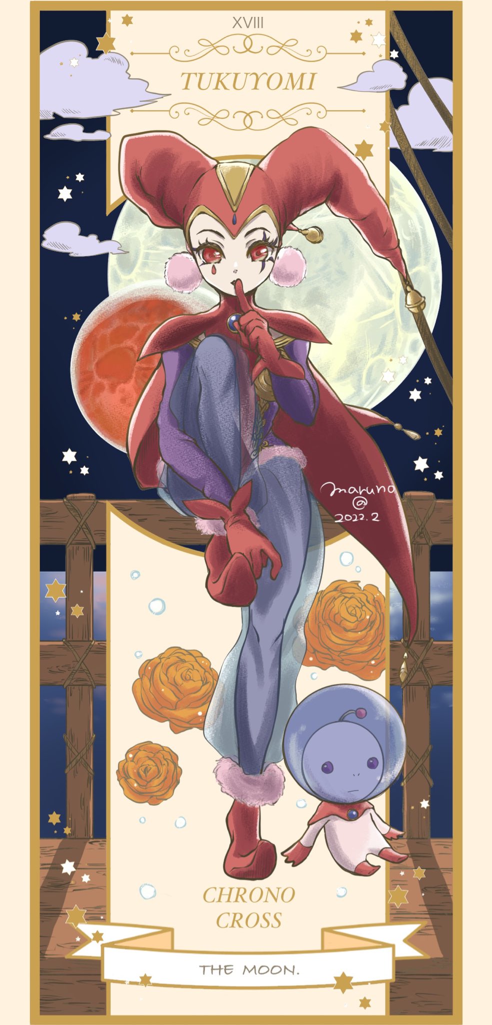 1girl, against_railing, alien, cape, card_(medium), character_name, chrono_cross, cloud