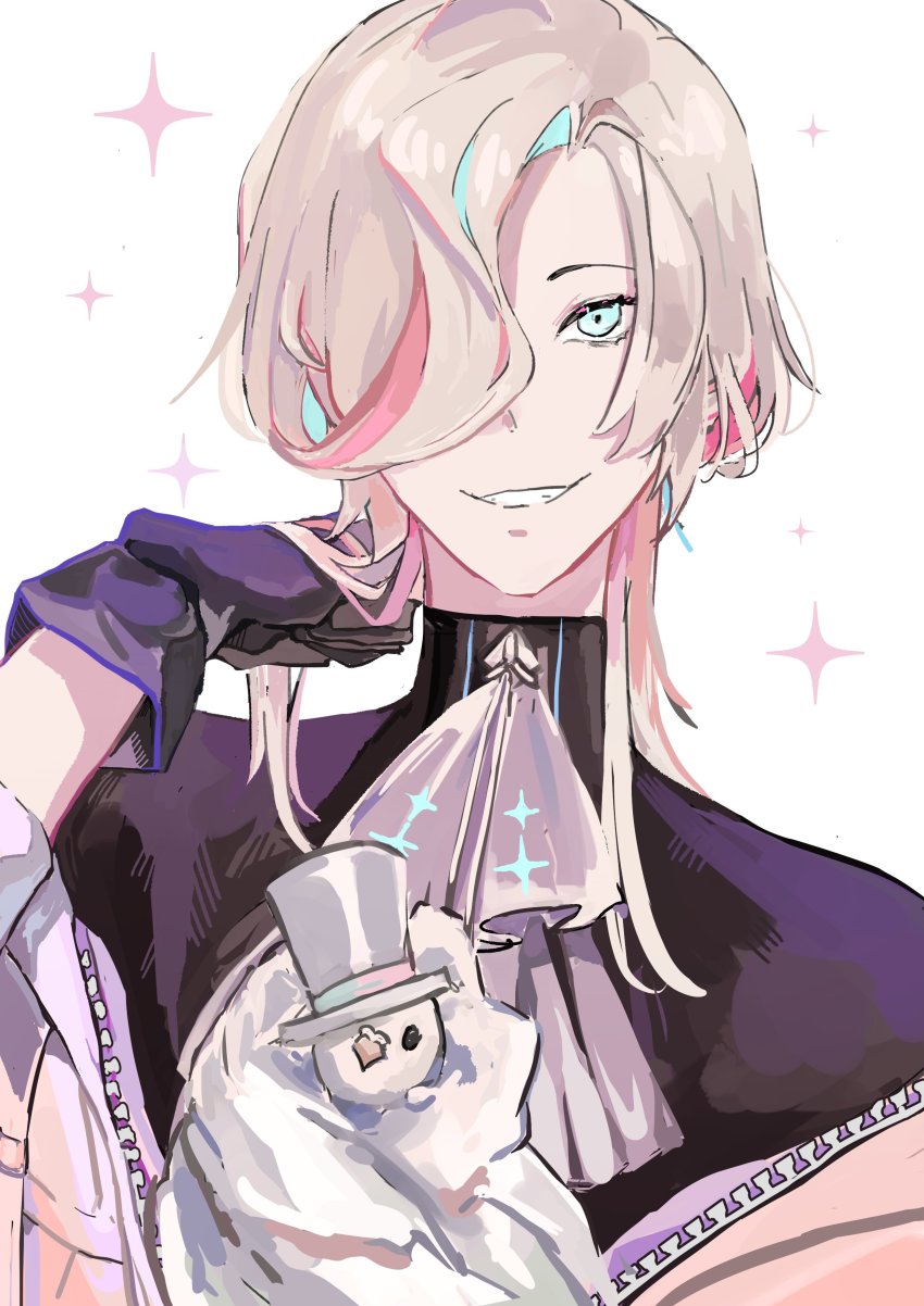 1boy, absurdres, aqua_hair, ascot, bird, black_gloves, black_shirt, blonde_hair