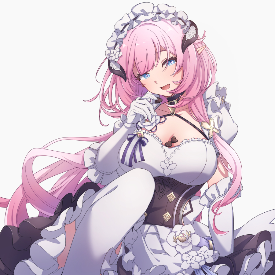 1girl, :d, alternate_costume, between_breasts, blue_eyes, breasts, candy, chocolate, chocolate_heart, cleavage, dress, elbow_gloves, elf, elysia_(honkai_impact), elysia_(miss_pink)_(honkai_impact), elysia_(miss_pink_elf)_(honkai_impact), enmaided, food, frilled_dress, frills, gloves, heart, honkai_(series), honkai_impact_3rd, long_hair, looking_at_viewer, maid, maid_headdress, open_mouth, pink_hair, pointy_ears, smile, soha_ez, solo, thighhighs, white_background, white_gloves, white_thighhighs