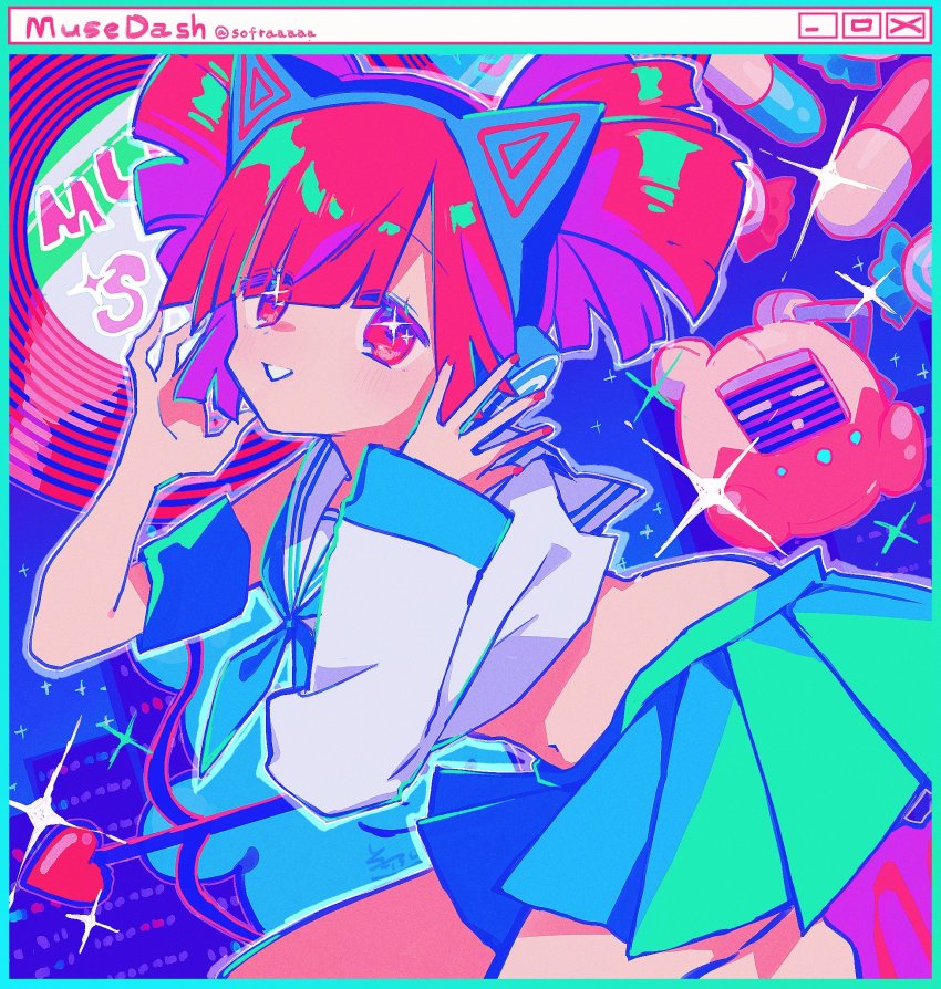 1girl, animal_ear_headphones, animal_ears, arrow_(projectile), blue_neckerchief, blue_skirt, bow_(weapon), buro_(muse_dash)