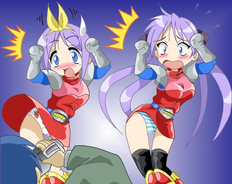 2girls, ^^^, bad_anatomy, black_thighhighs, blue_eyes, blue_panties, blush, boots, breasts, camera, caramelldansen, cleavage, cosplay, dancing, food, food_print, fruit, fruit_print, hair_ribbon, hiiragi_kagami, hiiragi_tsukasa, imaden, izumi_soujirou, kanda_momo, kanda_momo_(cosplay), knee_boots, long_hair, lucky_star, medium_breasts, multiple_girls, panties, poorly_drawn, print_panties, purple_hair, ribbon, short_hair, siblings, sisters, strawberry, strawberry_panties, strawberry_print, striped_clothes, striped_panties, surprised, sweatdrop, tareme, thigh_gap, thighhighs, thighs, tsurime, twins, twintails, underwear, white_panties, wonder_momo