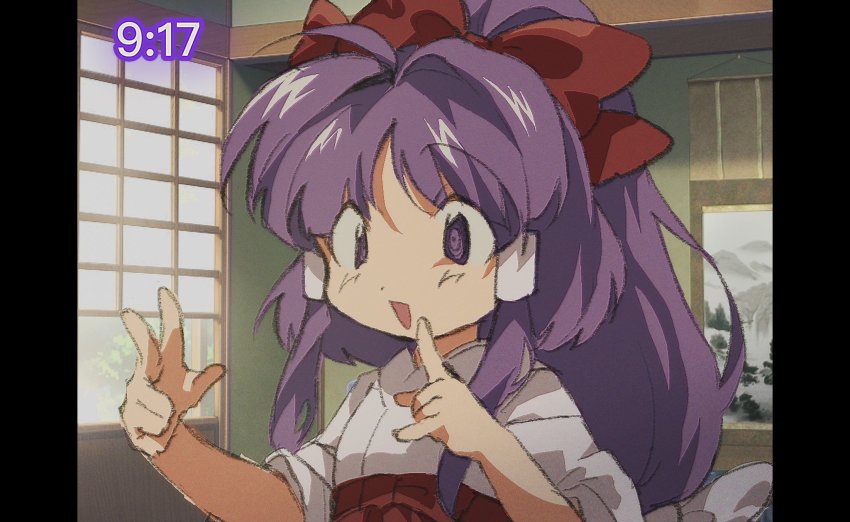 1girl, bow, hair_bow, hair_tubes, hakama, hakama_pants, hakurei_reimu, hakurei_reimu_(pc-98), highres, indoors, japanese_clothes, kimono, kozumi_(tokuni_naitteba), long_hair, long_sleeves, miko, open_mouth, pants, purple_eyes, purple_hair, red_bow, red_hakama, red_pants, red_sash, sash, sidelocks, solo, touhou, touhou_(pc-98), upper_body, white_kimono