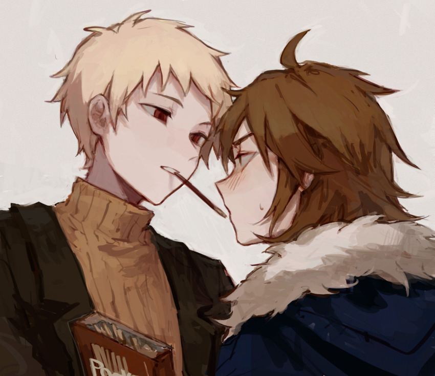 2boys, ahoge, atou_haruki, black_jacket, blonde_hair, blue_jacket, brown_hair, food