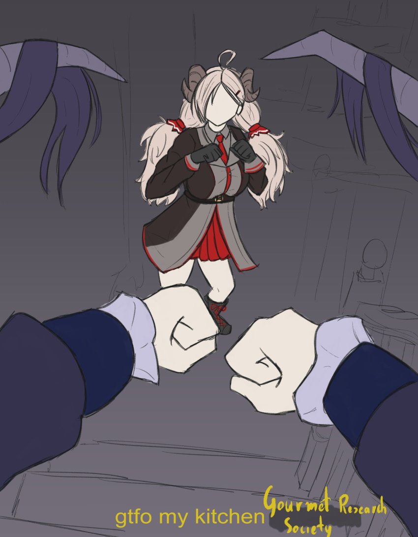 2girls, ahoge, blue_archive, clenched_hand, detached_sleeves, english_text, faceless, faceless_female, fighting_stance, fuuka_(blue_archive), grey_hair, hair_ornament, hair_ribbon, hairclip, highres, horns, izumi_(blue_archive), kentumatsu, looking_at_viewer, meme, multiple_girls, ribbon, school_uniform