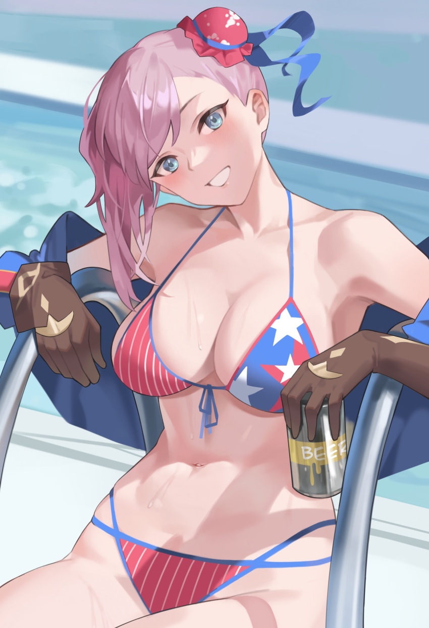 1girl, absurdres, alcohol, american_flag, american_flag_bikini, american_flag_print, bare_shoulders, beer