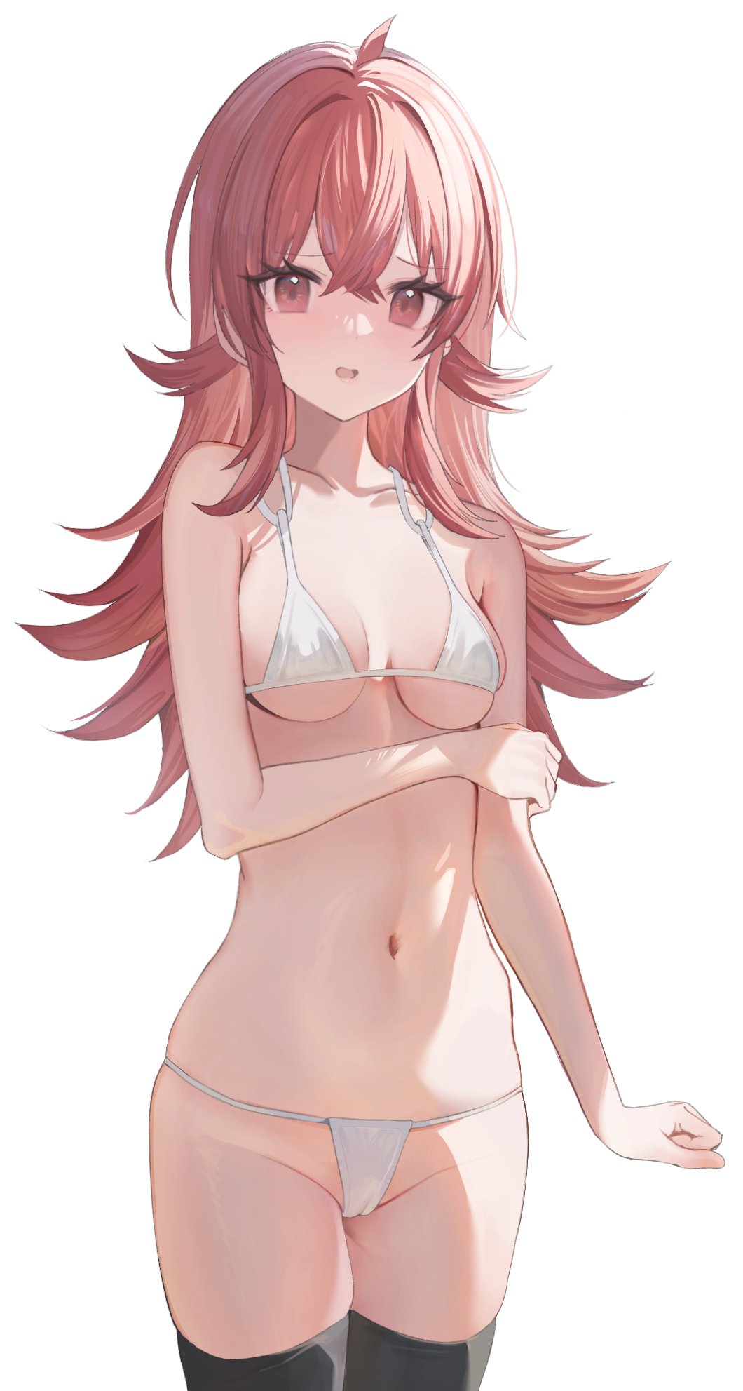 1girl, ahoge, amrita_(amber78gou), armpit_crease, bare_arms, bikini, black_thighhighs, blush