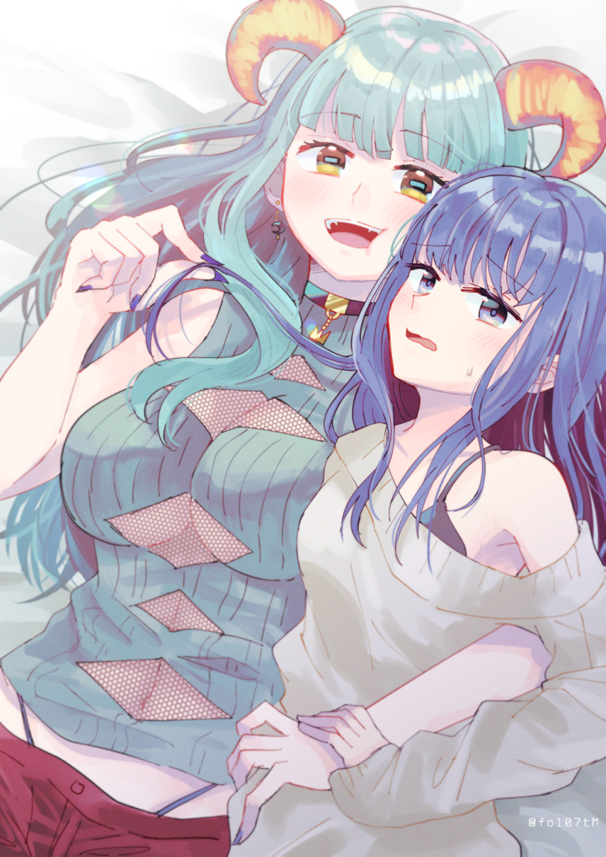 2girls, :d, alternate_costume, aqua_hair, argyle_clothes, diamond_cutout, bare_arms, bed_sheet