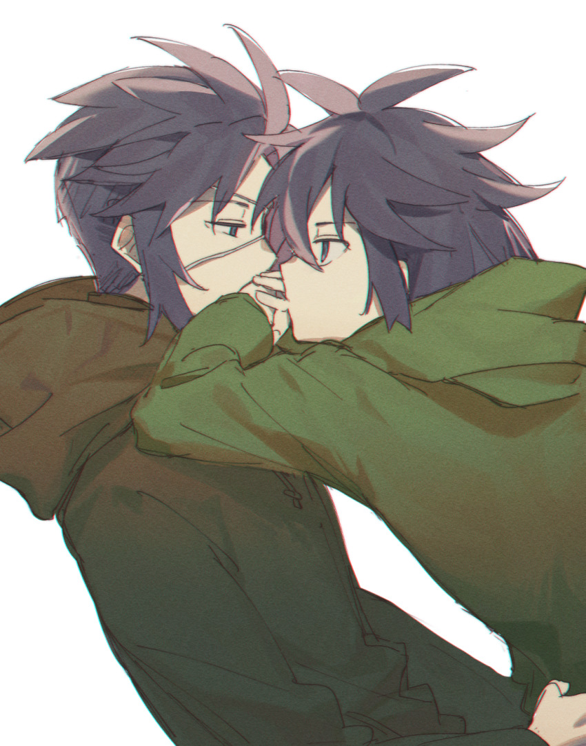 2boys, antenna_hair, black_eyes, black_hair, chromatic_aberration, film_grain, fuyuasa, green_jacket, highres, hood, hood_down, hooded_jacket, jacket, long_sleeves, male_focus, multicolored_hair, multiple_boys, mutsushika_misumi, nanami_izu, pink_hair, saibou_shinkyoku, short_hair, white_background