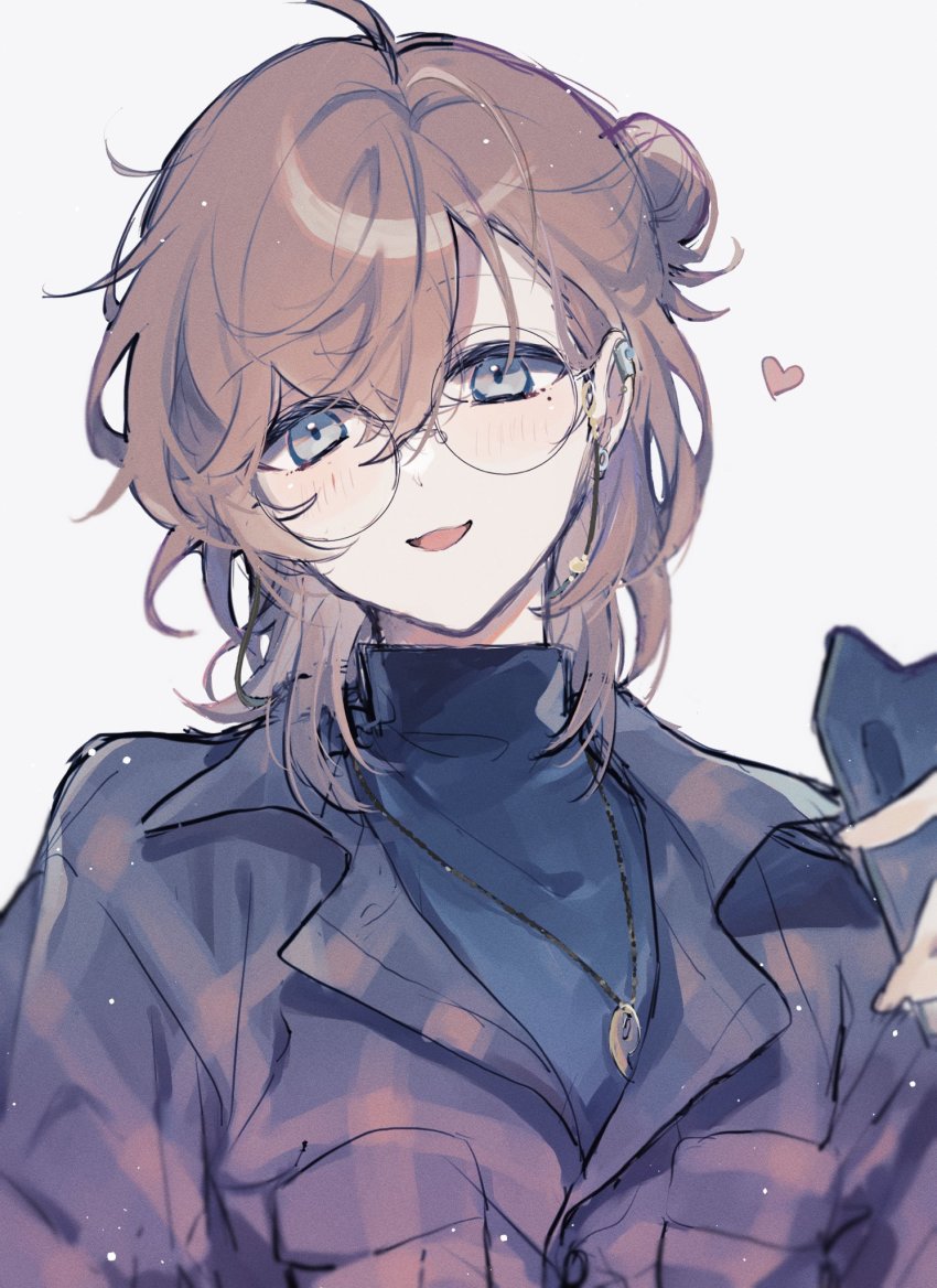 1boy, :d, ahoge, bespectacled, black_jacket, black_shirt, brown_hair, checkered_clothes, checkered_jacket, earclip, earrings, eyewear_strap, glasses, grey_eyes, hair_behind_ear, hair_between_eyes, hair_bun, head_tilt, heart, highres, holding, holding_phone, jacket, jewelry, kanae_(13th_costume)_(nijisanji), kanae_(nijisanji), looking_at_viewer, male_focus, medium_hair, mole, mole_under_eye, necklace, nijisanji, official_alternate_costume, open_mouth, phone, round_eyewear, shirt, simotuki_ichi, simple_background, single_hair_bun, smile, solo, turtleneck, upper_body, virtual_youtuber, white_background