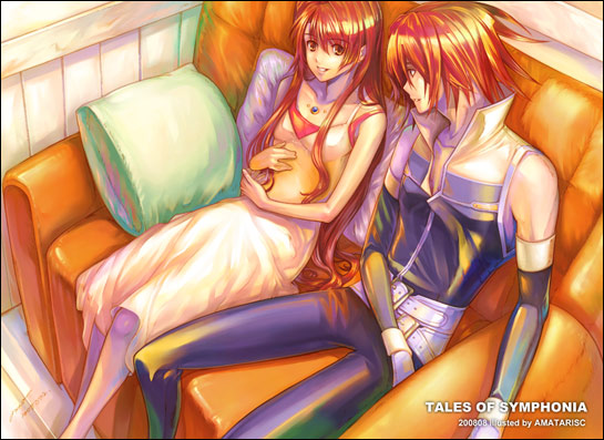 00s, anna_irving, couch, couple, kratos_aurion, long_hair, pregnant, red_hair