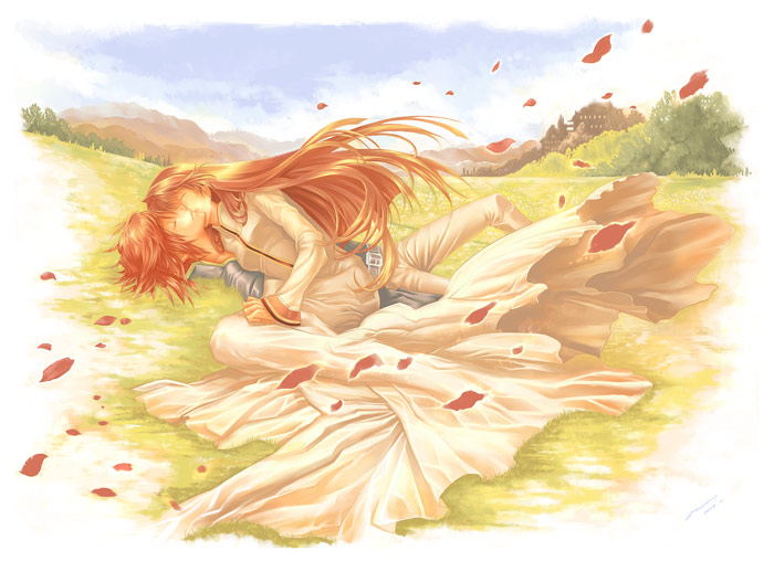 00s, anna_irving, couple, dress, closed_eyes, kiss, kratos_aurion, long_hair