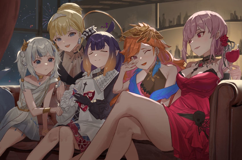5girls, absurdres, alcohol, black_dress, black_hair, blonde_hair, blue_eyes, breasts