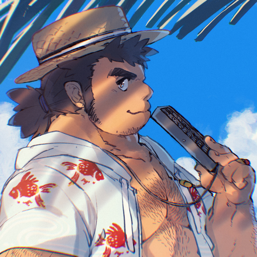 1boy, abacus, andvari_(housamo), animal_print, arm_hair, bara, brown_eyes, brown_hair