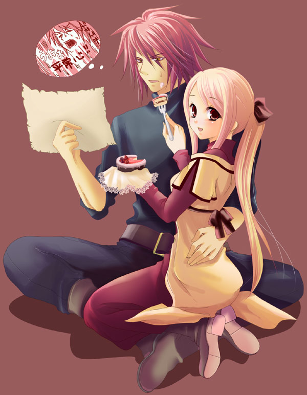 00s, animated, animated_gif, anna_irving, bow, brown_eyes, cake, couple, food, fork, kratos_aurion, long_hair, pink_hair, red_hair, short_hair, simple_background, sweatdrop, tales_of_(series), tales_of_symphonia