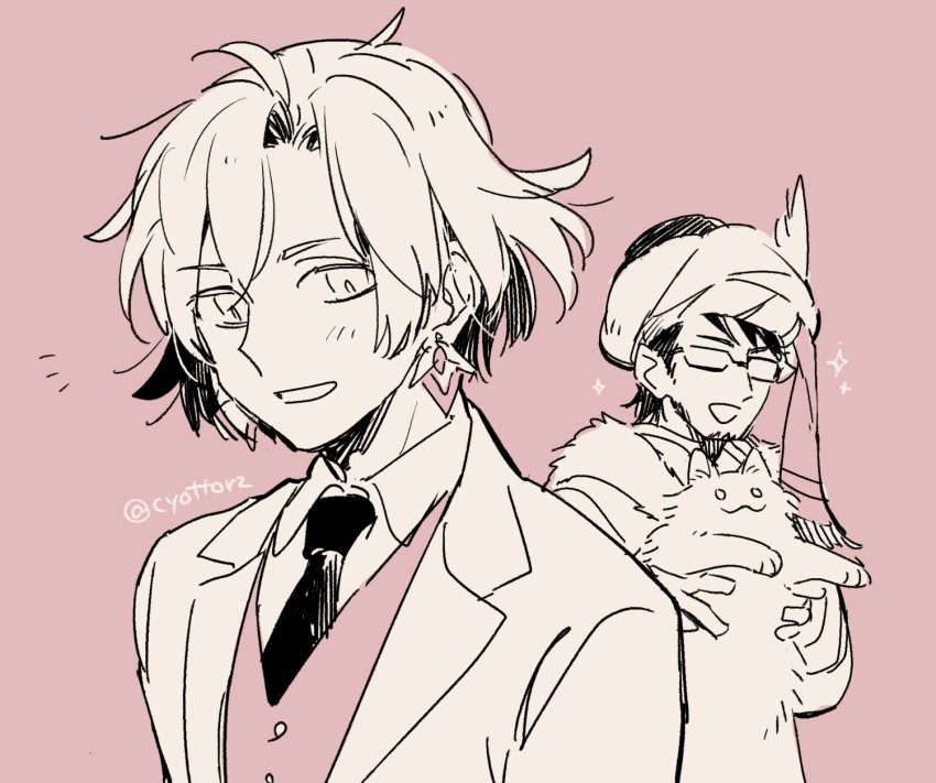 2boys, :d, animal, cat, collared_shirt, constantine_xi_(fate), curtained_hair, earrings