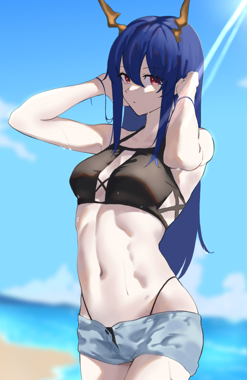 1girl, arknights, arms_behind_head, arms_up, beach, bikini, bikini_under_clothes, black_bikini, blue_background, blue_hair, ch'en_(arknights), cloud, hair_between_eyes, hair_down, hands_in_own_hair, highres, horns, long_hair, looking_at_viewer, natoriusu_sansei, ocean, red_eyes, shorts, simple_background, sky, solo, swimsuit, wet