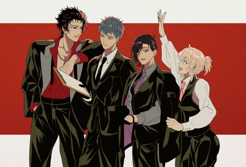 1girl, 3boys, :d, alternate_costume, arm_on_another's_shoulder, arm_up, asymmetrical_bangs, black_eyes