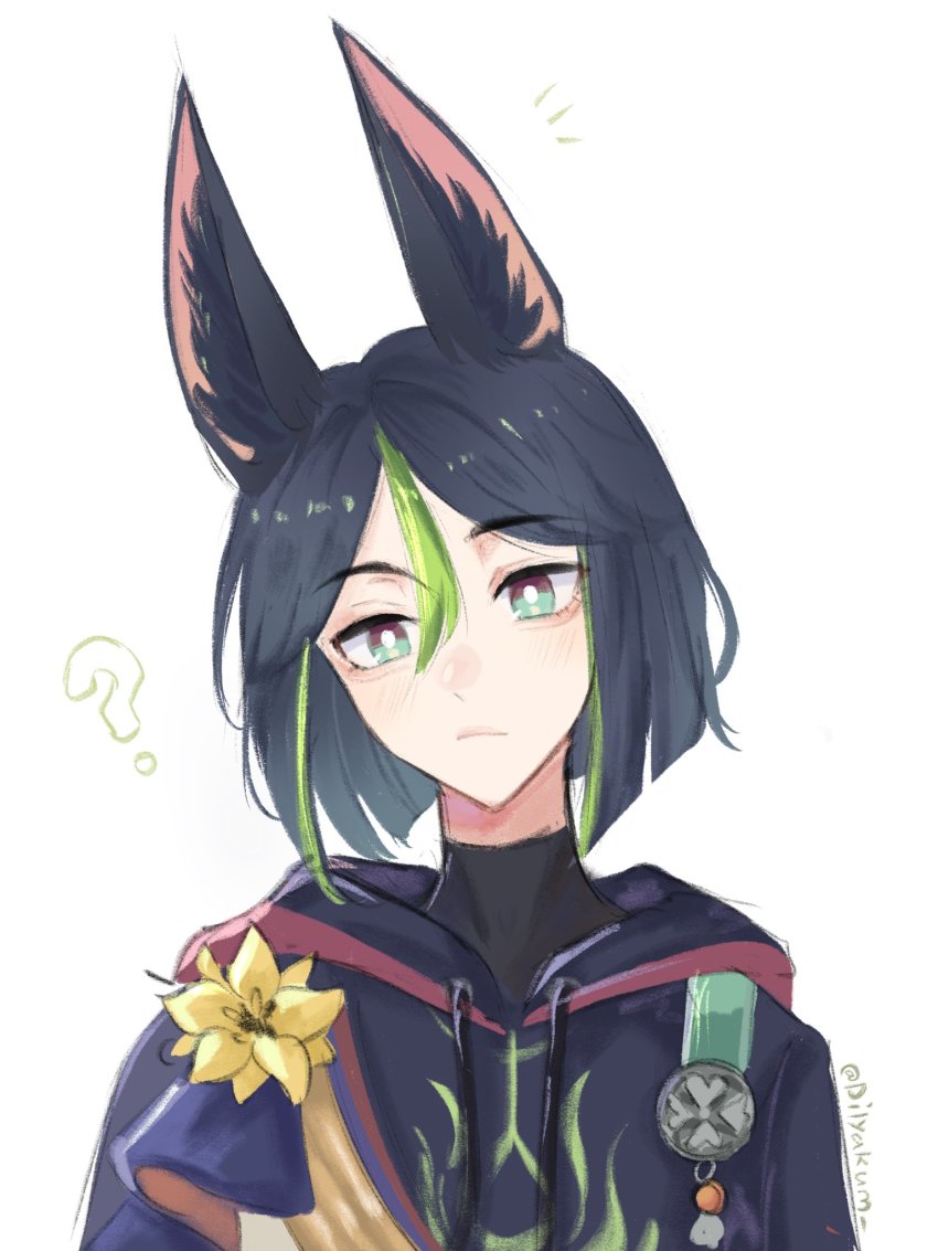 1boy, ?, animal_ear_fluff, animal_ears, black_hair, blush, dilyakum, flower
