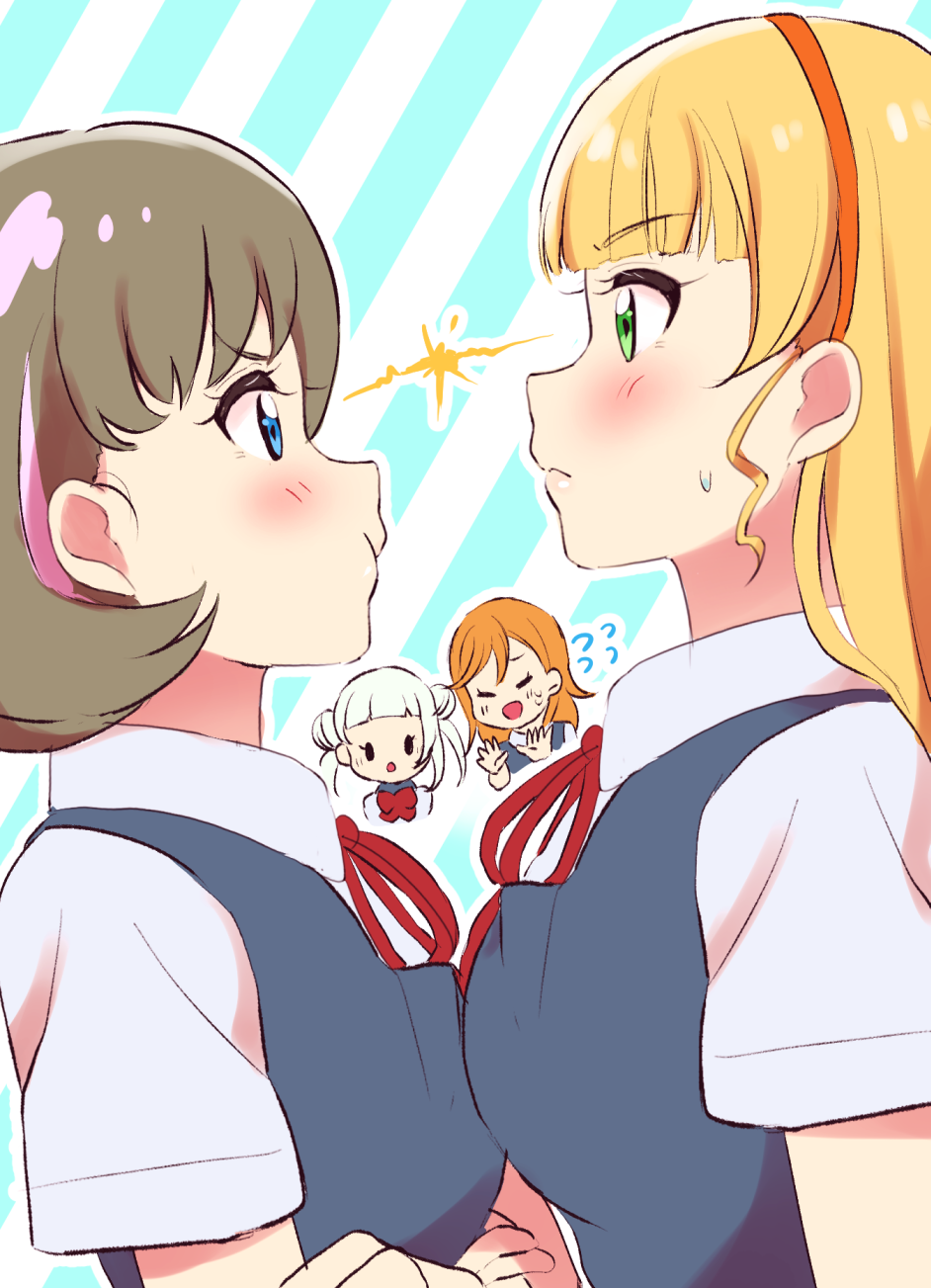 4girls, arashi_chisato, berisuno_(beriberi0707), blonde_hair, blue_eyes, blunt_bangs, blush, breast_press